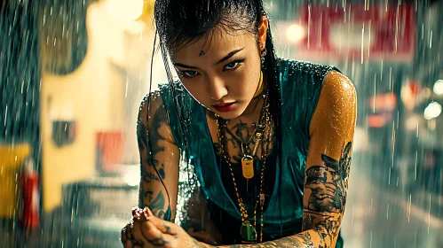 Tattooed Woman Under Rain at Night