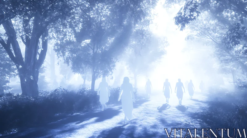 Mystical Figures in Foggy Woods AI Image