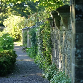 Sunlit Path by Stone Wall in Garden