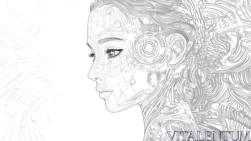 AI ART Female Cyborg Profile Line Drawing