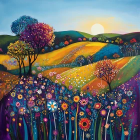 Whimsical Sunset Over Flower Meadow