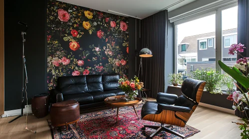 Cozy Interior with Floral Wallpaper and Leather