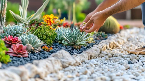 Hands Tending to Succulents in Garden