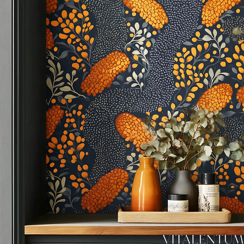 AI ART Orange Floral Wallpaper and Shelf Decor