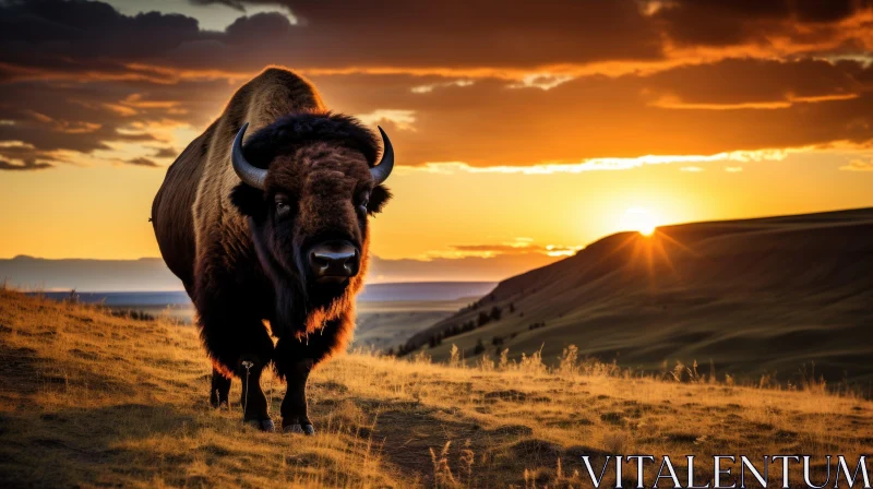 Bison at Sunset: A Techno Shamanism Depiction AI Image