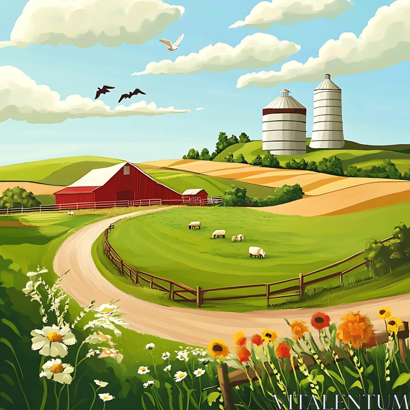 AI ART Pastoral Farm Scene with Barn and Silos