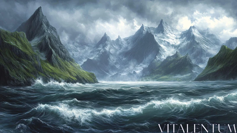 AI ART Stormy Ocean Scene with Towering Mountains