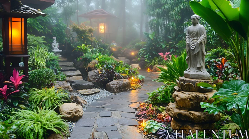 Misty Garden Path and Stone Statue AI Image