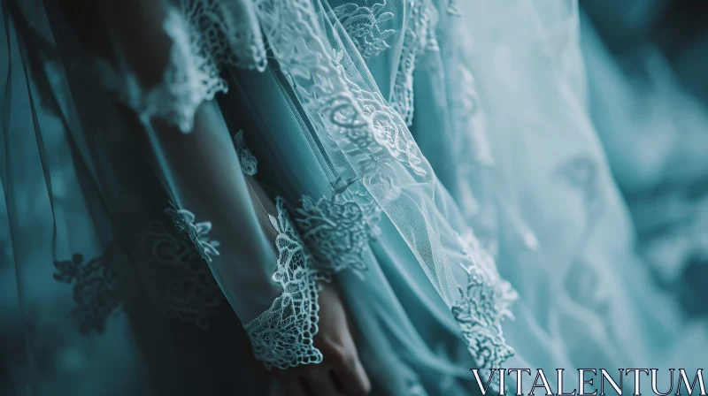 Ethereal Close-Up of Woman Wearing White Lace Dress with Blue Sash AI Image