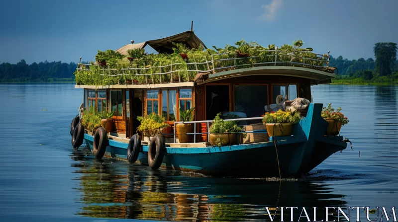 Exotic Boat Floating in Lush Scenery | Cabincore Aesthetic AI Image