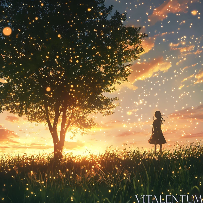 AI ART Sunset Serenity with Girl and Tree