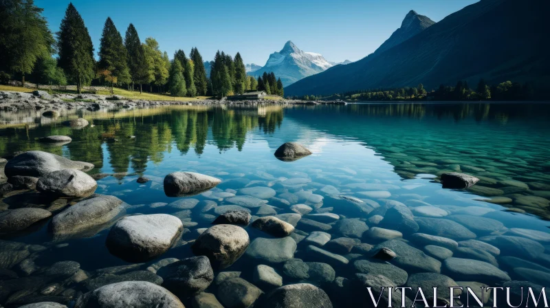 Serene Lake Surrounded by Rocks, Trees, and Mountains - Capturing the Essence of Nature AI Image