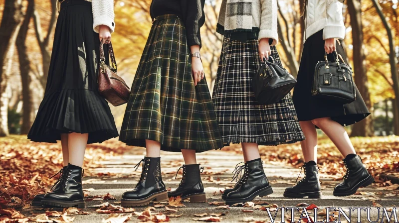 Stylish Autumn Fashion: Four Women Walking Down a Tree-lined Path AI Image