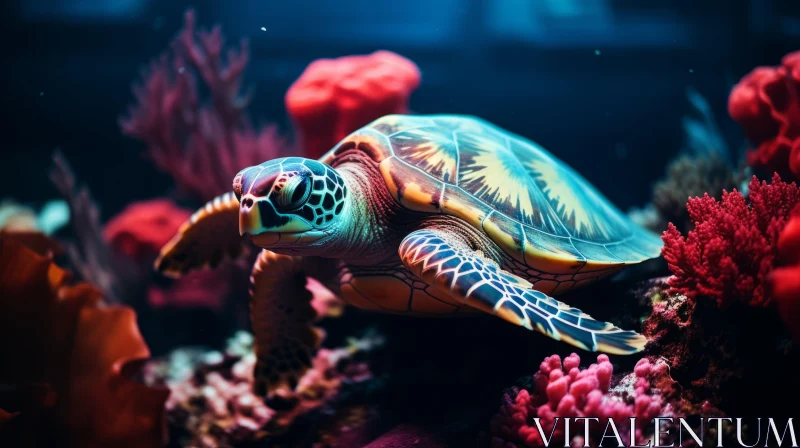 Underwater Aquarium Turtle Amidst Colorful Corals AI Image