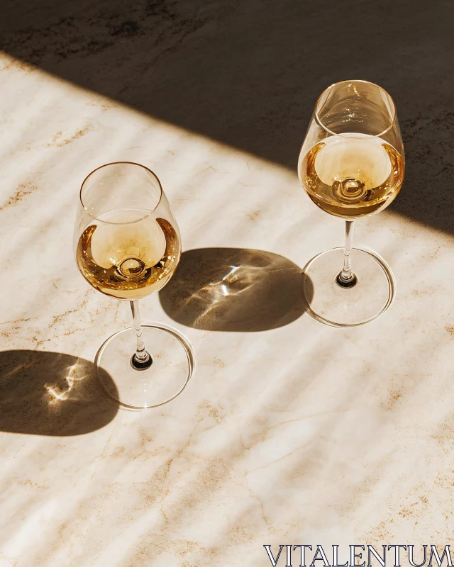 Two Wine Glasses on Marble Table AI Image