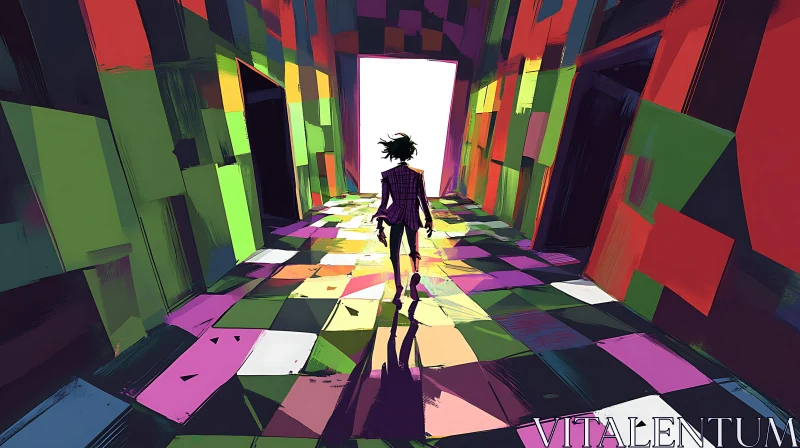 AI ART Person Walking Through Colorful Abstract Hallway