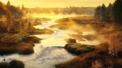 Tranquil River and Golden Morning Mist Landscape