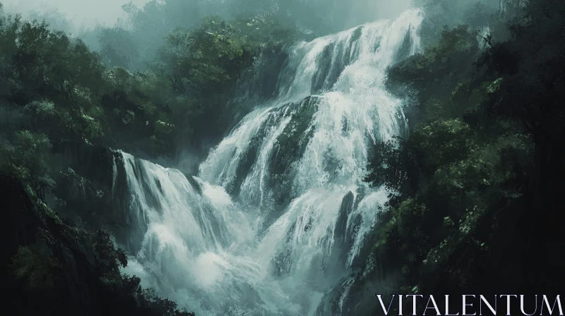 AI ART Majestic Waterfall in Dense Greenery