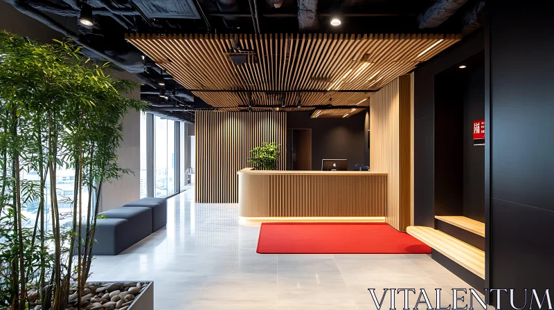 Sleek Reception with Wood and Greenery AI Image