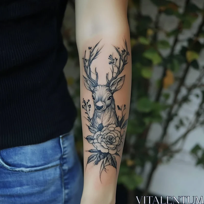 AI ART Elegant Deer and Flowers Tattoo on Arm