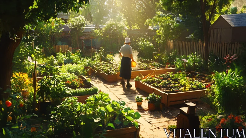 Tranquil Garden Scene with Raised Beds AI Image