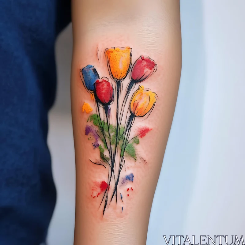 Vibrant Arm Tattoo of Watercolor Flowers AI Image