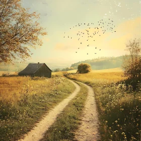 Rustic Barn in Golden Field with Bird Flight