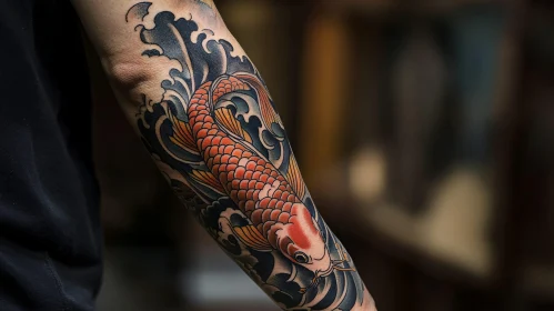 Intricate Koi Fish Tattoo with Waves