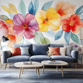 Blue Sofa with Floral Watercolor Wall