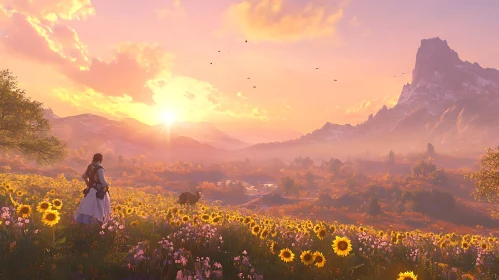 Woman in Sunflower Field at Sunset