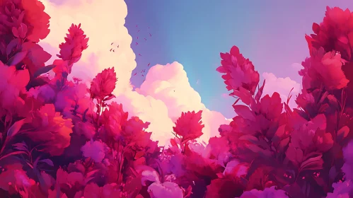 Pink Floral Landscape with Clouds