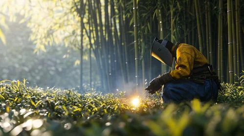 Surreal Welding Scene in Bamboo Forest