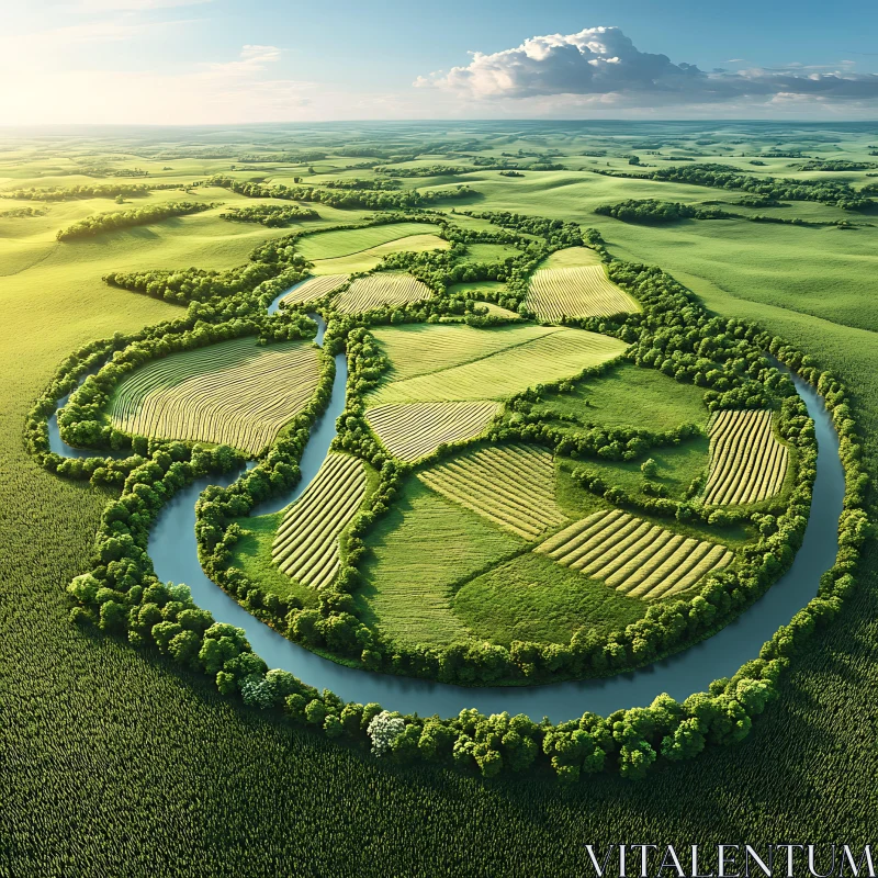 AI ART Aerial River Bend in Green Fields