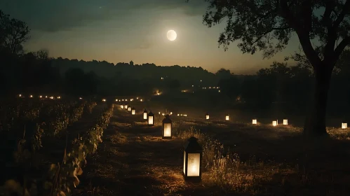 Moonlit Field with Lanterns