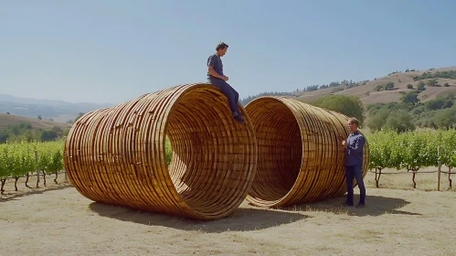 Cylindrical Wooden Installation in Scenic Vineyard