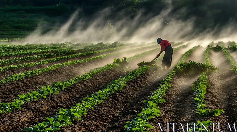 AI ART Cultivating Crops in the Early Morning Mist