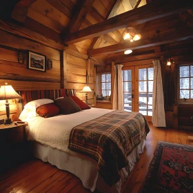 Cozy Wooden Bedroom with Plaid Blanket