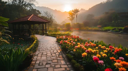 Garden with flowers and sunrise