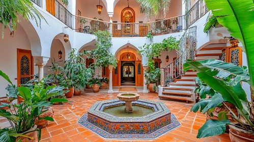 Indoor Courtyard with Fountain and Greenery