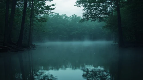 Mystical Forest Lake with Mist