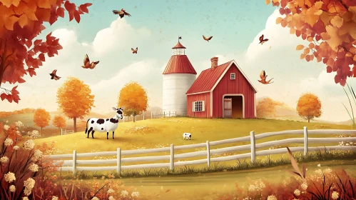 Scenic Farm with Grazing Cows and Birds