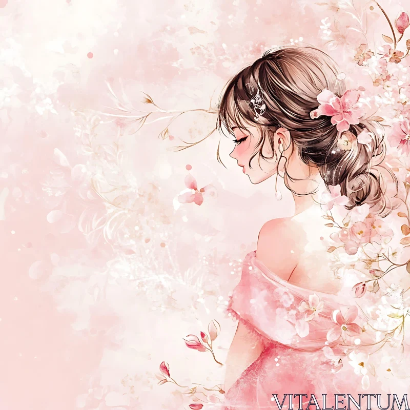 Watercolor Anime Woman with Flowers AI Image