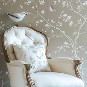 Vintage Chair with Bird and Floral Wallpaper