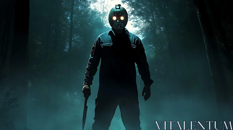 Menacing Masked Figure in Dark Forest AI Image