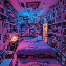 Book-Filled Bedroom with Pink and Blue Lights