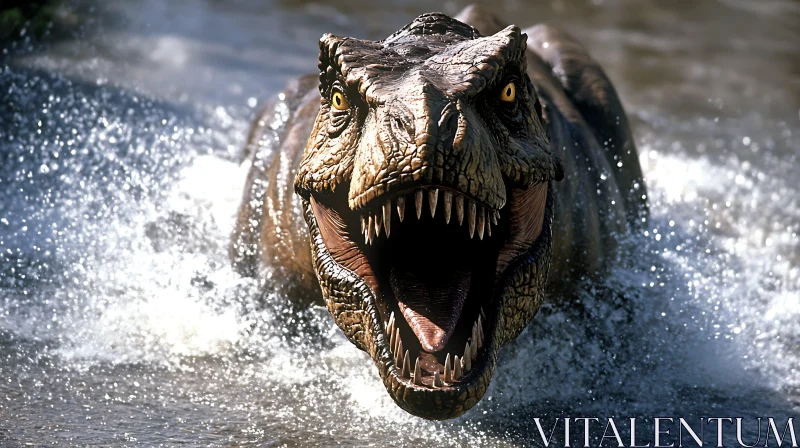 Roaring T-Rex Emerging from Water AI Image