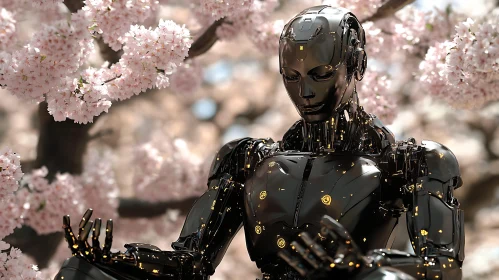 Cyborg in Harmony with Nature's Spring Blossoms