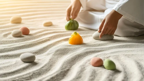 Peaceful Sand Garden with Gourds