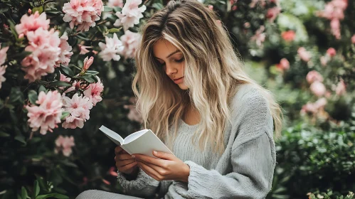 Girl immersed in a book surrounded by flowers