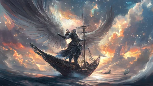 Winged Guardian on Ocean Vessel Painting